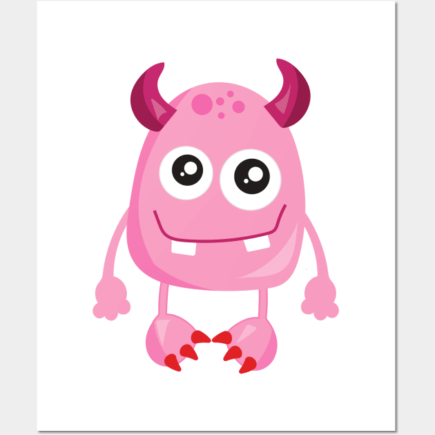 Cute Monster, Pink Monster, Funny Monster, Horns Wall Art by Jelena Dunčević